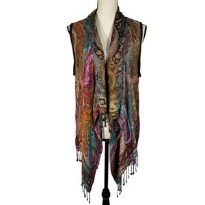 ANU Medium Artsy Vest Jacket Floral Reversible Draped Fringe Open Front Boho New